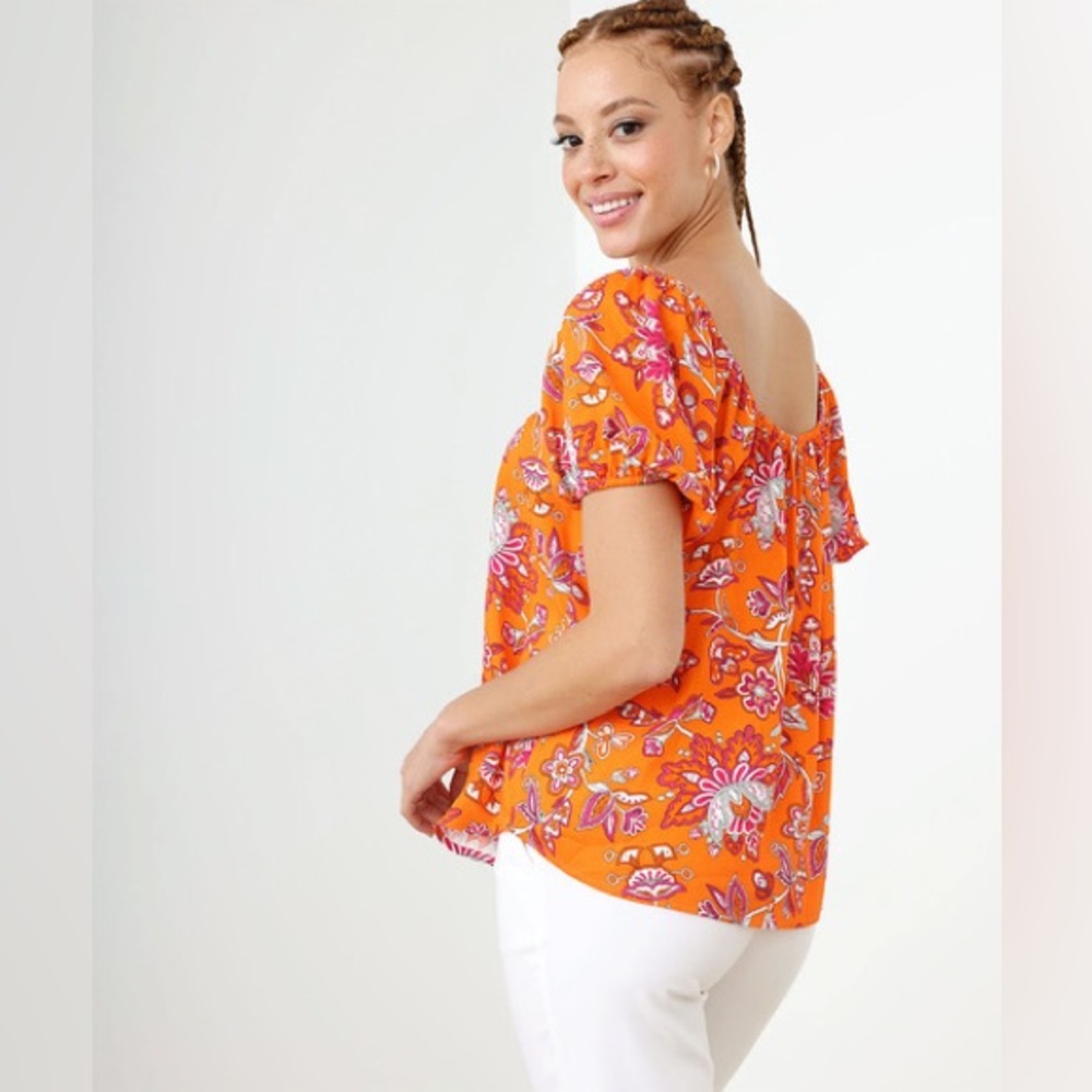 Cleo Floral Cold Shoulder Short Sleeve Orange Peasant Blouse Medium - Picture 3 of 5